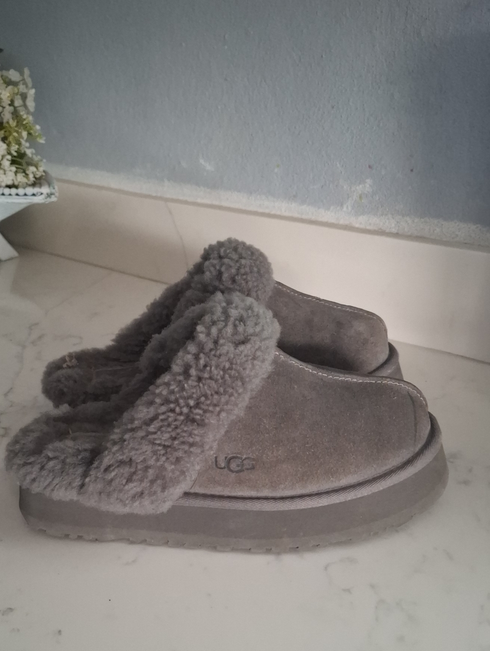 UGG Women's Platform Gray Suede Shearling Slip-On Clog